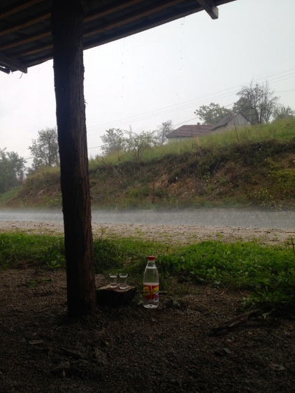 Drinking rakia in the storm.