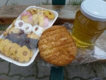 Hungarian gifts. Honey from the acacia tree from Tomas, a pastry from Attila, biscuits from a cake maker who told me about Dobogo-ko and counselled me to visit.