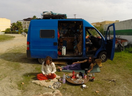 Kevin and Axel, 2 French hippies, driving to Africa in their van.