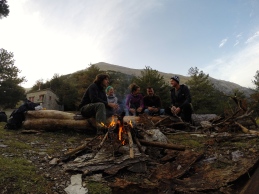 Campfire with Mt. Profitis Illias in the background.